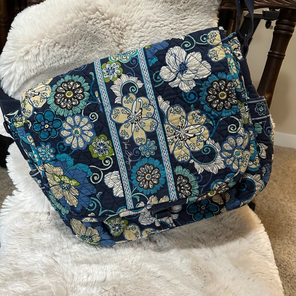 Used Vera Bradley Mod Floral Blue Quilted Messenger Bag